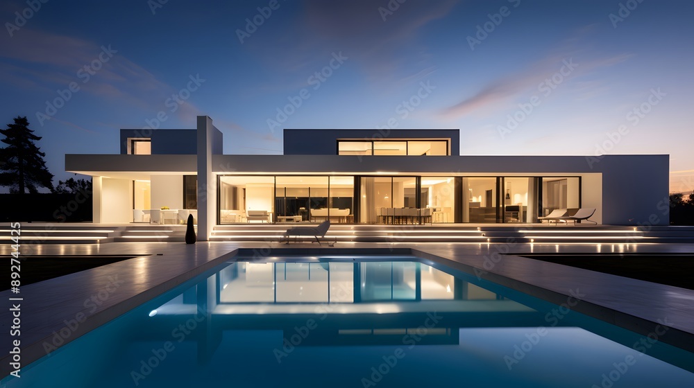 Fototapeta premium Luxury modern house with pool at sunset