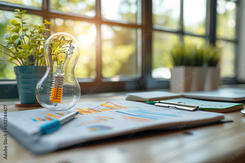 Lightbulb on desk, symbolizing an idea Lightbulb on desk, symbolizing an idea