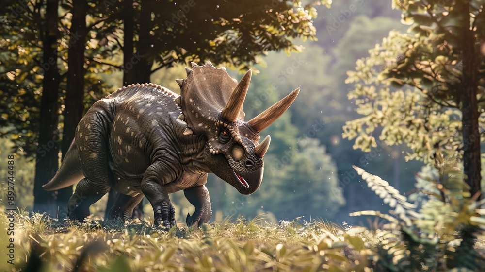 Obraz premium Triceratops in meadow, high quality render using Unreal Engine.