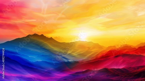 Vivid sunset colors over long mountain range: yellow, pink, red, orange, blue, purple. © TGIF