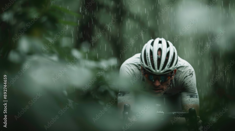This photograph features a determined cyclist braving the rain in a forested area, highlighting the endurance and commitment required for outdoor cycling in challenging conditions. This photograph features a determined cyclist braving the rain in a forested area, highlighting the endurance and commitment required for outdoor cycling in challenging conditions.