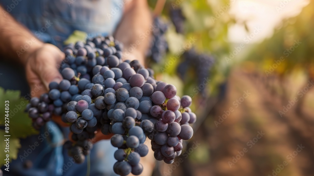 Obraz premium A person displays a tight cluster of deep purple grapes in a lush vineyard, illustrating the fruitful and meticulous nature of agricultural practices in preserving quality.