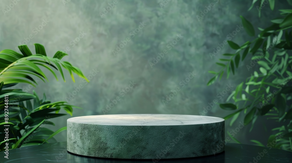 Elegant stone display pedestal surrounded by lush green foliage, ideal for showcasing products in a natural setting. Elegant stone display pedestal surrounded by lush green foliage, ideal for showcasing products in a natural setting.