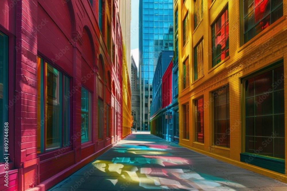 Naklejka premium City alleyway casts vivid shadows on the pavement between brightly painted urban buildings
