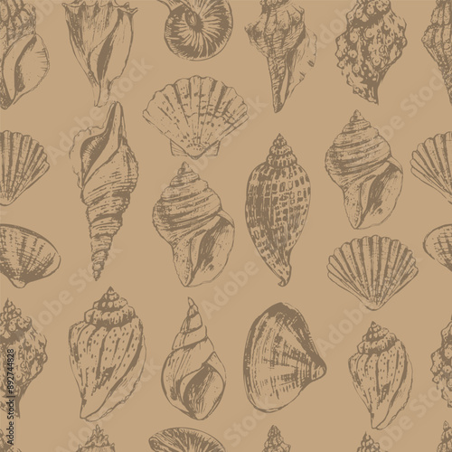 Vector sea animals seamless pattern. Sea shells in craft paper brown color