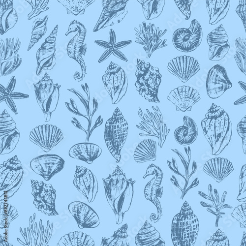 Vector sea animals seamless pattern. Sea shells in blue colors