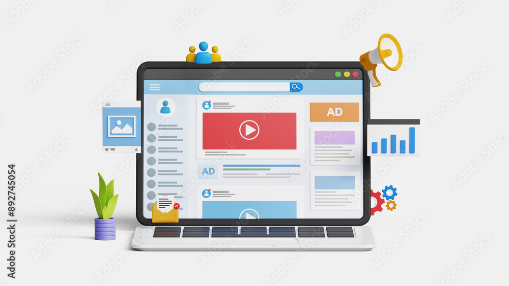 © DETHAL - Social media marketing, promote brand, SEO, digital advertising, content marketing or online campaign concept. 3D social media page on laptop with marketing icons © DETHAL - Social media marketing, promote brand, SEO, digital advertising, content marketing or online campaign concept. 3D social media page on laptop with marketing icons