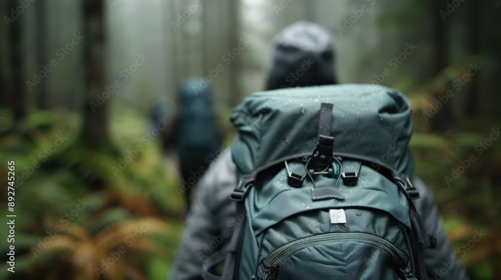 A group of hikers walk through a lush green forest trail, equipped with rain gear and backpacks, experiencing nature's beauty in a fresh, misty ambiance that heightens their adventure. A group of hikers walk through a lush green forest trail, equipped with rain gear and backpacks, experiencing nature's beauty in a fresh, misty ambiance that heightens their adventure.