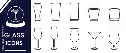 Set of Wine Glass Icon, vector, silhouette. Cocktail glass symbol vector, icon for web design, logo, app. Set of empty glasses. Vector illustration.