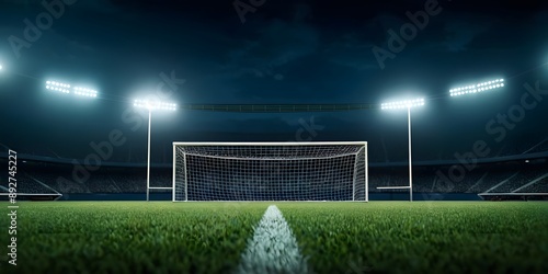 A close-up view of a football field at night, showcasing the goalposts and the illuminated playing area.