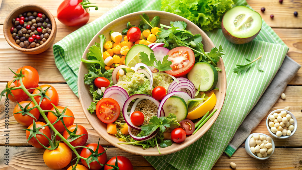 Fresh vegetable salad in bowl on wooden table with checkered napkin Fresh vegetable salad in bowl on wooden table with checkered napkin
