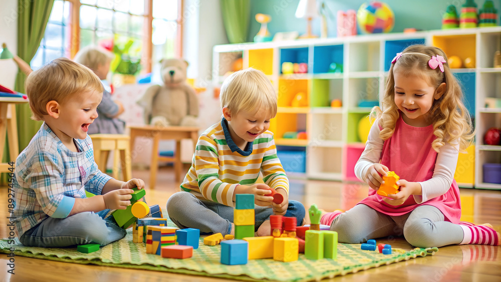 Fototapeta premium Children playing with colorful blocks in bright playroom