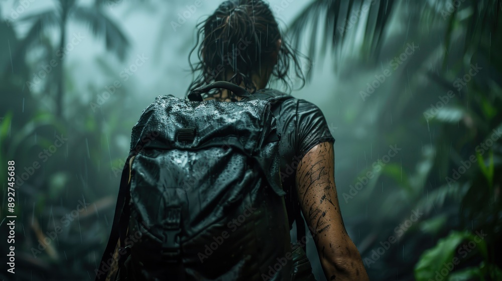 An individual treks through a lush, rainy jungle, with wet clothes and a soaked backpack, enveloped by dense tropical foliage and an adventurous, raw atmosphere. An individual treks through a lush, rainy jungle, with wet clothes and a soaked backpack, enveloped by dense tropical foliage and an adventurous, raw atmosphere.