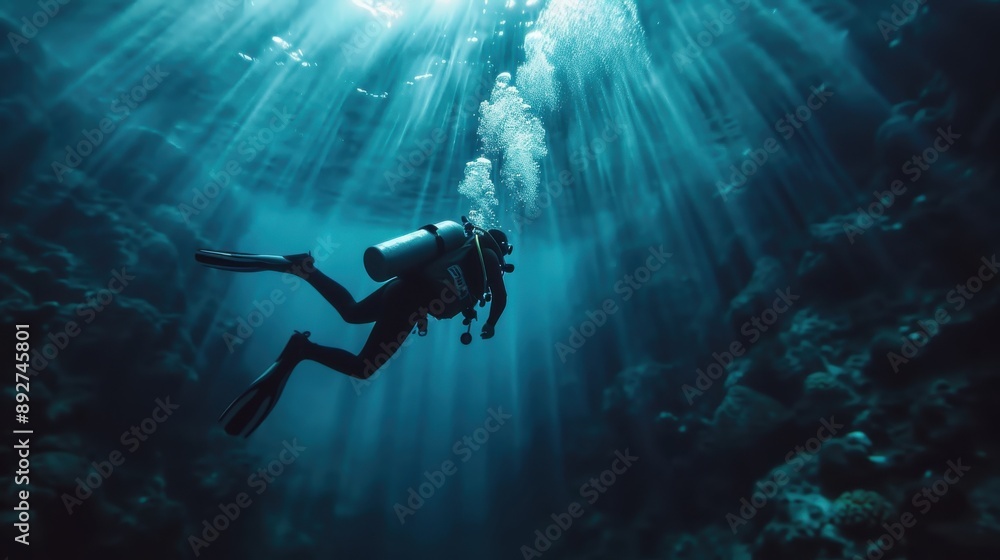 A scuba diver wearing full gear swims beneath the ocean surface with sunlight streaming through the water, illuminating the underwater coral and marine life around. A scuba diver wearing full gear swims beneath the ocean surface with sunlight streaming through the water, illuminating the underwater coral and marine life around.