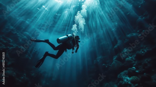 Wallpaper Mural A scuba diver wearing full gear swims beneath the ocean surface with sunlight streaming through the water, illuminating the underwater coral and marine life around. Torontodigital.ca