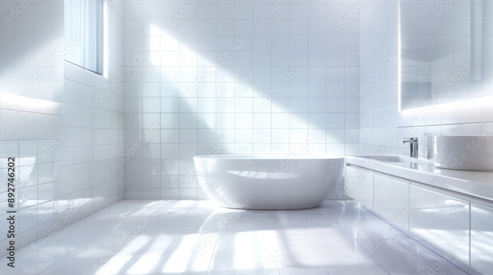 A bathroom with a white tub and sink. The bathroom is very clean and bright A bathroom with a white tub and sink. The bathroom is very clean and bright