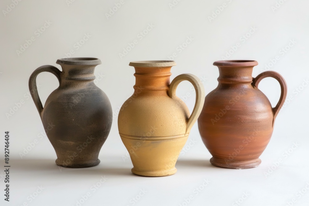 A set of three handcrafted pottery pitchers displayed on a white backdrop A set of three handcrafted pottery pitchers displayed on a white backdrop