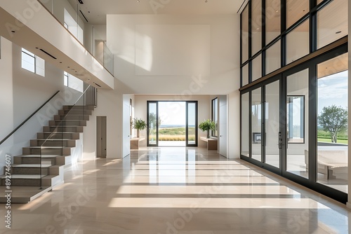 A spacious entrance hall with minimalist decor, large glass doors, and a modern staircase Stunning, crisp, vivid, detailed, high-contrast, colorful, well-lit, sharp, realistic,