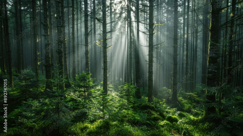 A dense forest bathed in the soft glow of sunrise, with sunbeams streaming through the trees creating a tranquil and almost magical atmosphere, highlighting nature's beauty. A dense forest bathed in the soft glow of sunrise, with sunbeams streaming through the trees creating a tranquil and almost magical atmosphere, highlighting nature's beauty.