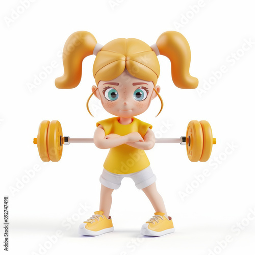 artoon Girl Weightlifting with Determined Expression