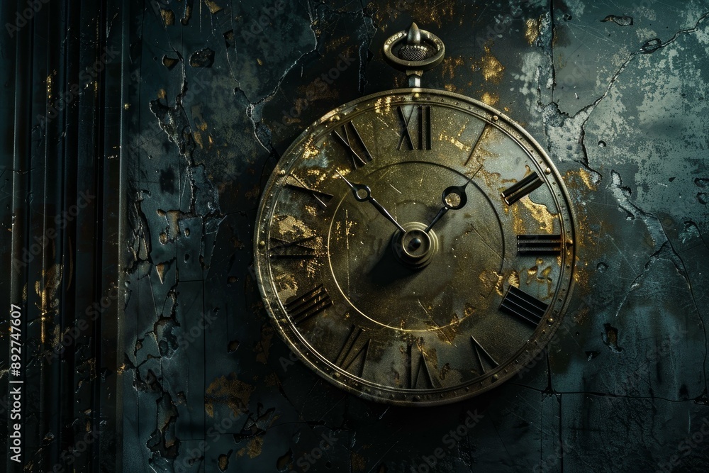 Fototapeta premium Vintage pocket watch with roman numerals against a dark, weathered backdrop