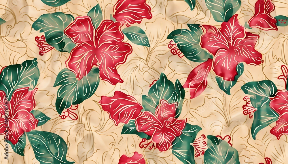vintage hibiscus flower of batik pattern on beige background