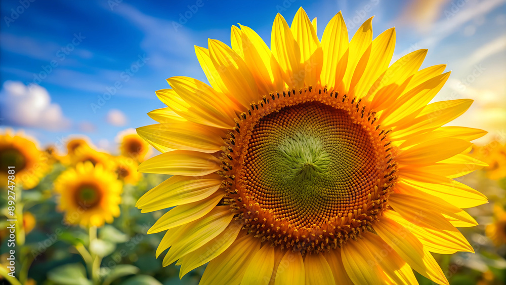 Close-up of vibrant sunflower in field under blue sky Close-up of vibrant sunflower in field under blue sky