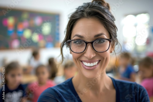 Beautiful young female teacher in glasses smiling and looking into camera at elementary school with children at the blurred background