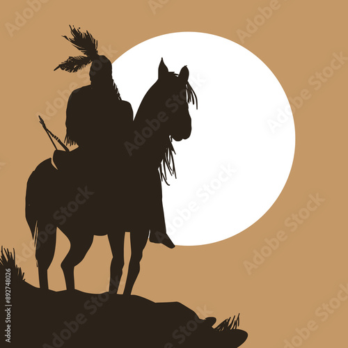 Native American Chief on Horse Silhouette Vector Illustration