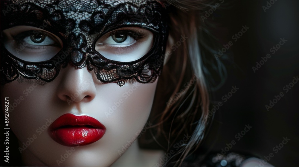 eyes of a feminine woman wearing a black lace mask and red lipstick eyes of a feminine woman wearing a black lace mask and red lipstick