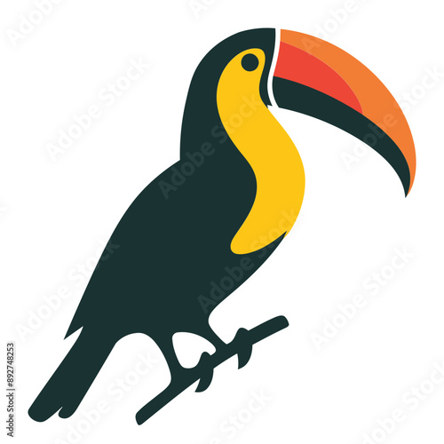 A stylized toucan perched on a branch, featuring a black body, a bright yellow throat, and a large,  photo