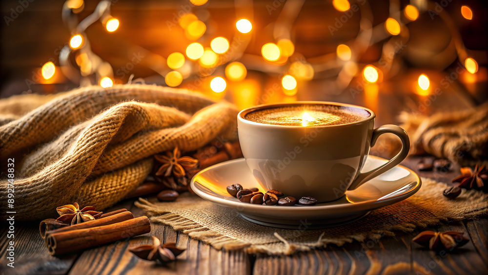 Cozy cup of coffee on wooden table with beans and warm lighting Cozy cup of coffee on wooden table with beans and warm lighting