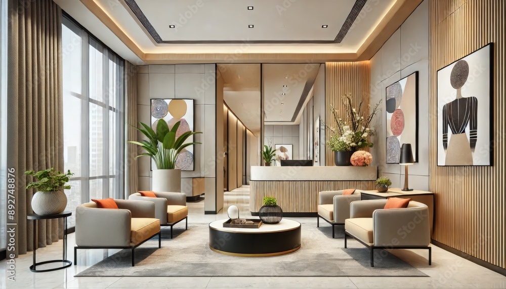 A contemporary office reception area, features neutral tones like beige and gray A contemporary office reception area, features neutral tones like beige and gray
