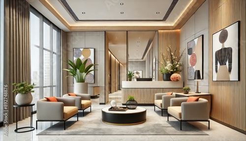 A contemporary office reception area, features neutral tones like beige and gray