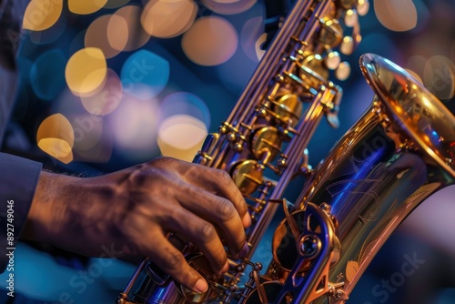 Detailed view of hands playing saxophone with bokeh light background