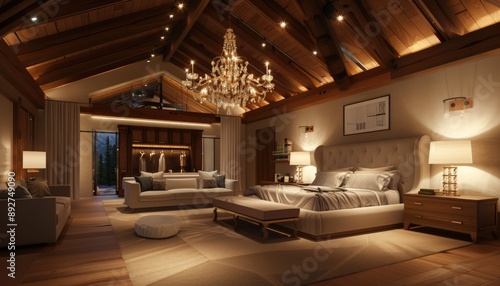 Elegant master bedroom with vaulted ceiling and wooden beams, featuring a grand chandelier, modern furniture, and soft ambient lighting, in a luxury home,  © Muhammad