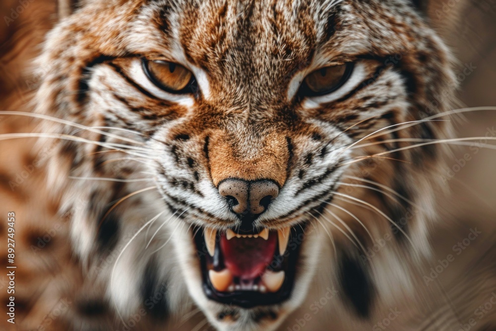 Intense closeup of a fierce lynx. A powerful and dangerous predatory wildcat. With snarling teeth and a threatening expression. In its natural habitat in the untamed wilderness Intense closeup of a fierce lynx. A powerful and dangerous predatory wildcat. With snarling teeth and a threatening expression. In its natural habitat in the untamed wilderness
