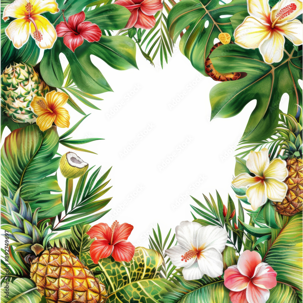 Tropical Floral Frame with Pineapples and Palm Leaves Tropical Floral Frame with Pineapples and Palm Leaves