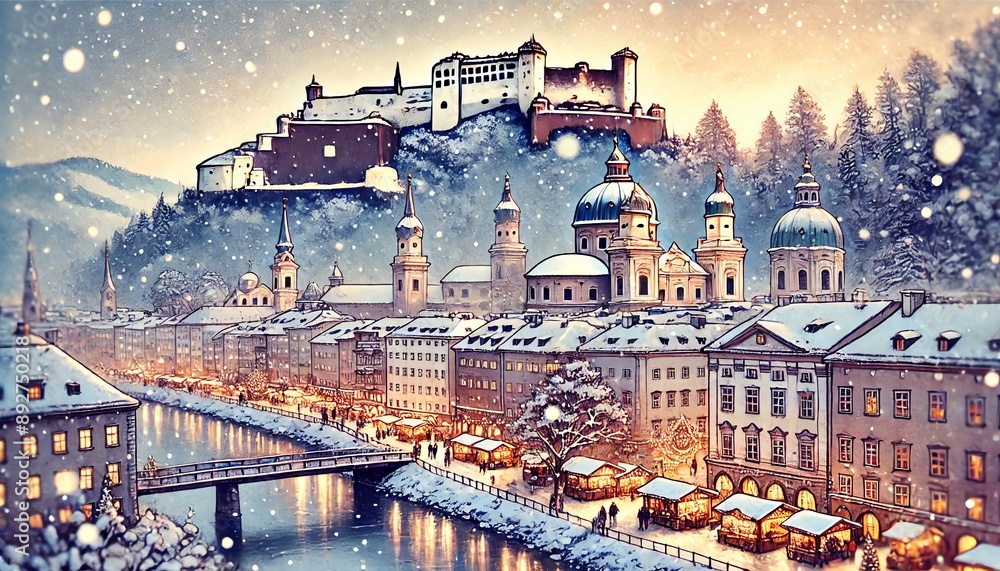Fototapeta premium A winter scene in Salzburg, with Hohensalzburg Fortress overlooking snow-covered city and festive markets.jpeg