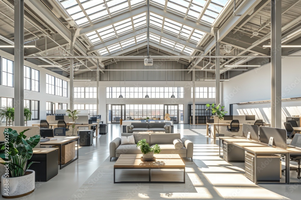 Ultra-modern open office with high ceilings, large skylights, ergonomic desks, and a central communal area with contemporary sofas and coffee tables. Stunning, Ultra-modern open office with high ceilings, large skylights, ergonomic desks, and a central communal area with contemporary sofas and coffee tables. Stunning,