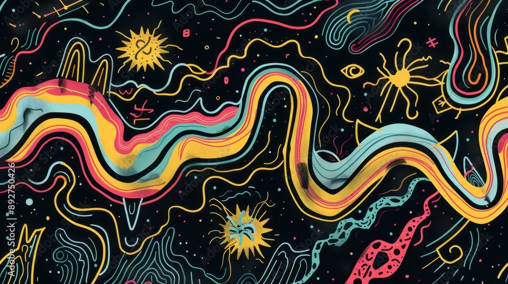 Abstract Cosmic Pattern with Wavy Lines and Celestial Bodies Abstract Cosmic Pattern with Wavy Lines and Celestial Bodies