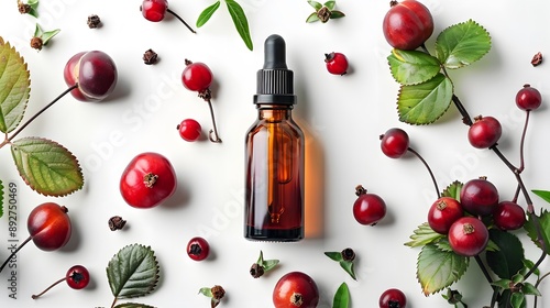 a refined dropper bottle in a warm amber hue, laid out with rosehip berries and foliage, nature and purity, skincare essentials 