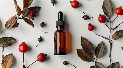 elegant amber dropper bottle surrounded by fresh rosehips and autumn leaves, natural and rustic aesthetic