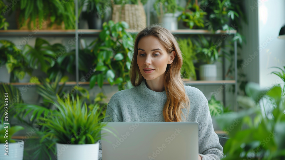 Businesswoman working on her laptop with a Greenery Office Space in the Background Businesswoman working on her laptop with a Greenery Office Space in the Background