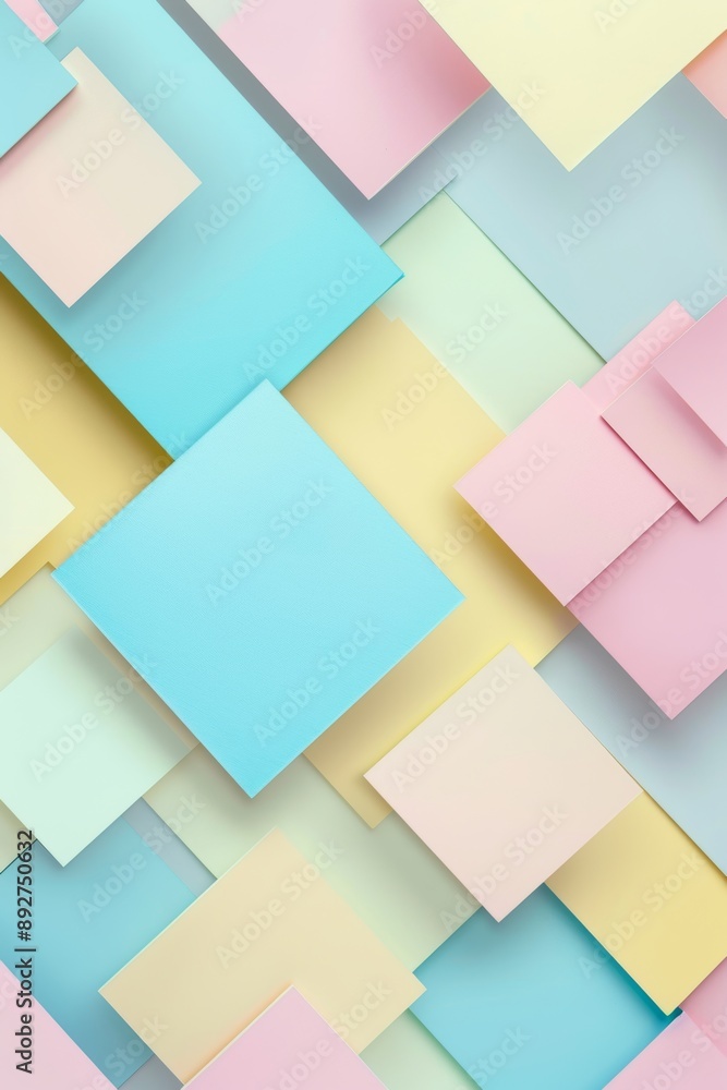 Fototapeta premium Pastel colored squares overlap in a modern design, blending light hues for a cheerful and vibrant backdrop. Perfect for sparking creativity in art, design, or digital projects