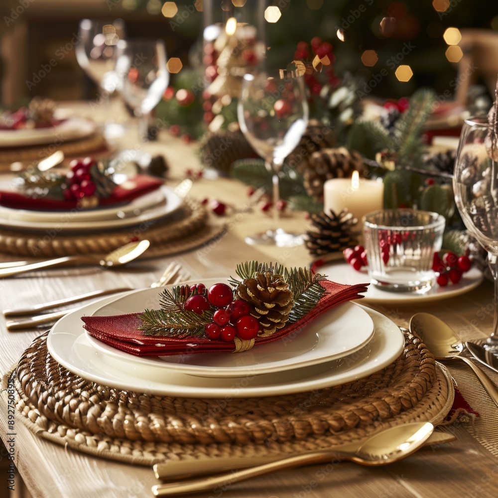 A high-quality stock image of a festive holiday table setting with decorations. The image is warm and inviting. AI generation. A high-quality stock image of a festive holiday table setting with decorations. The image is warm and inviting. AI generation.