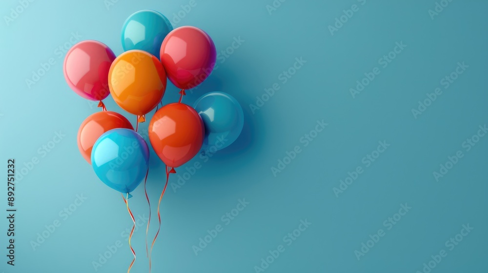 Burst vibrant balloons on blue backdrop. Festive greeting card, bright balloons with blank space for text. Burst vibrant balloons on blue backdrop. Festive greeting card, bright balloons with blank space for text.