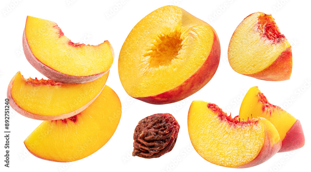 Set of ripe yellow juicy peach slices isolated on white background. File contains clipping paths.. Set of ripe yellow juicy peach slices isolated on white background. File contains clipping paths..