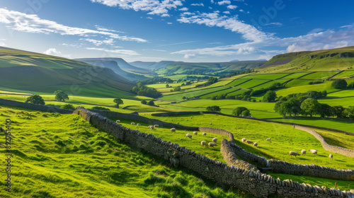 Scenic View of Rolling Hills and Stone Walls in Yorkshire Dales