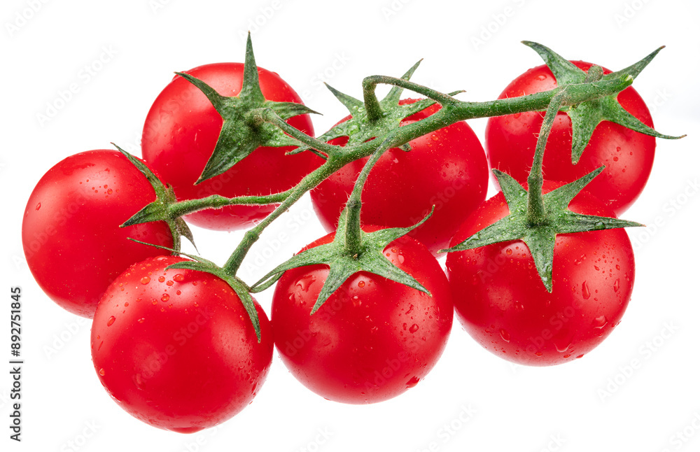 Cluster of ripe cherry tomatoes covered with water drops isolated on white background. Cluster of ripe cherry tomatoes covered with water drops isolated on white background.